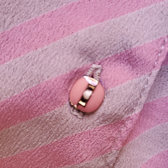 Vintage pink and tan button-up striped blouse shirt with black trim on collar -M - Picture 11 of 12